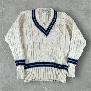 Vintage Racquet Sweater Mens 44 Cream Cricket Tennis Cable Knit V Neck Pure Wool